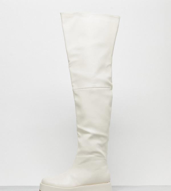 Public Desire Wide Fit Rosie flat over the knee boots in cream-White