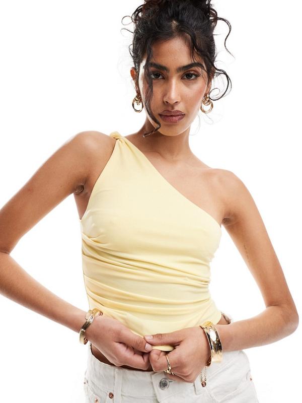 Pull & Bear asymmetric one shoulder top in soft yellow