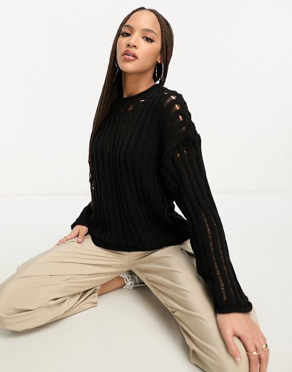 Pull & Bear open knit oversized jumper in black