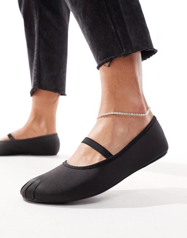 Pull & Bear silky ballet pumps with strap in black