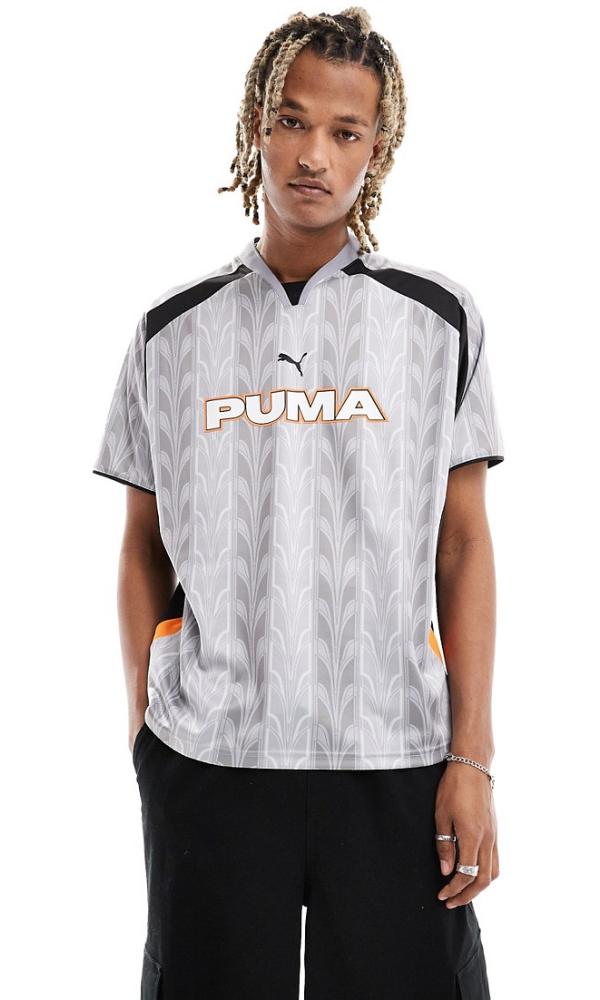PUMA retro printed football jersey in grey and black
