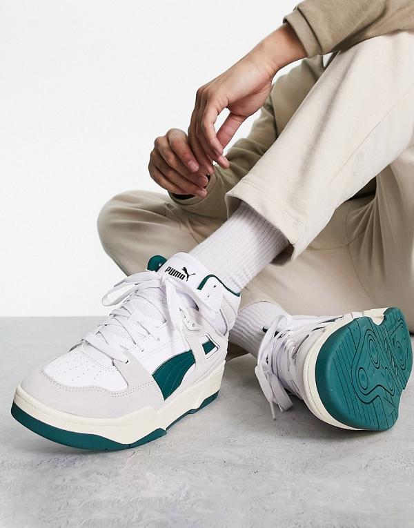 PUMA Slipstream Mid Heritage sneakers in white and varsity green