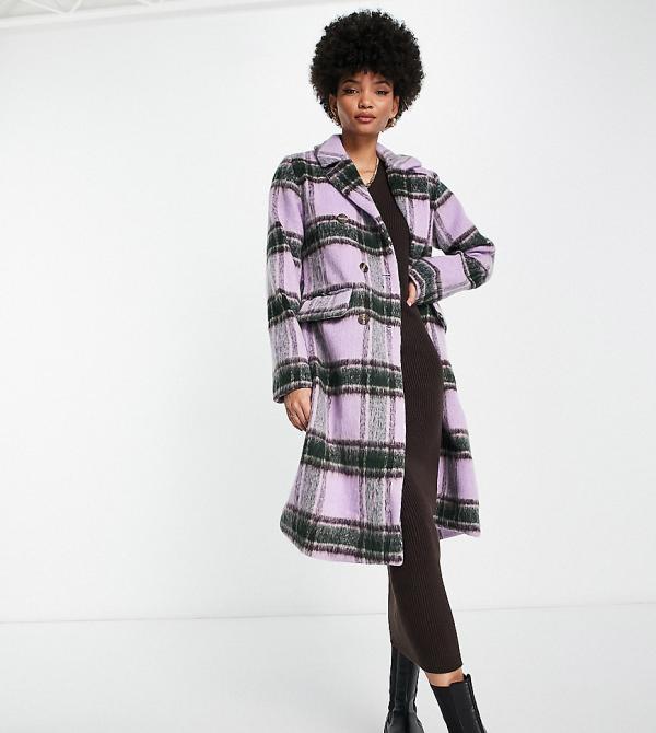 QED London Tall double breasted longline coat in lilac check-Purple