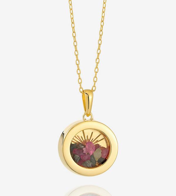 Rachel Jackson 22 karat gold plated small deco sun amulet necklace with tourmaline crystals with gift box