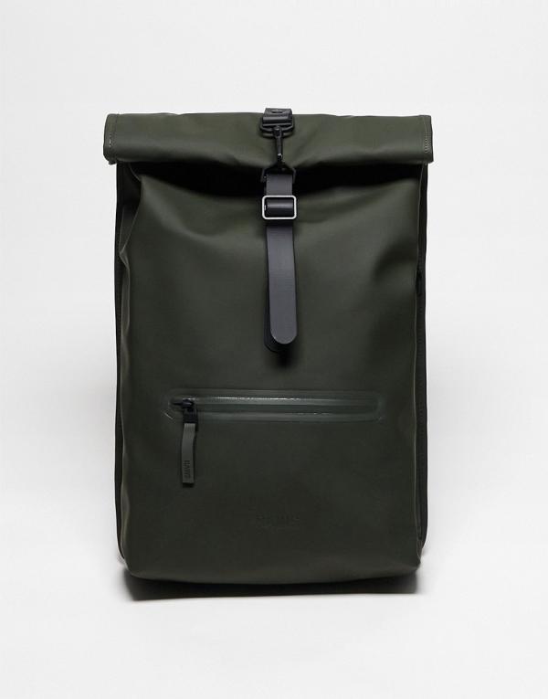 Rains 13320 unisex waterproof roll top backpack in green-Black