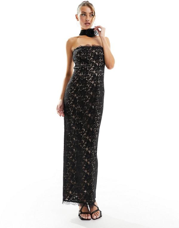 Rare London lace maxi dress with corsage detail in black