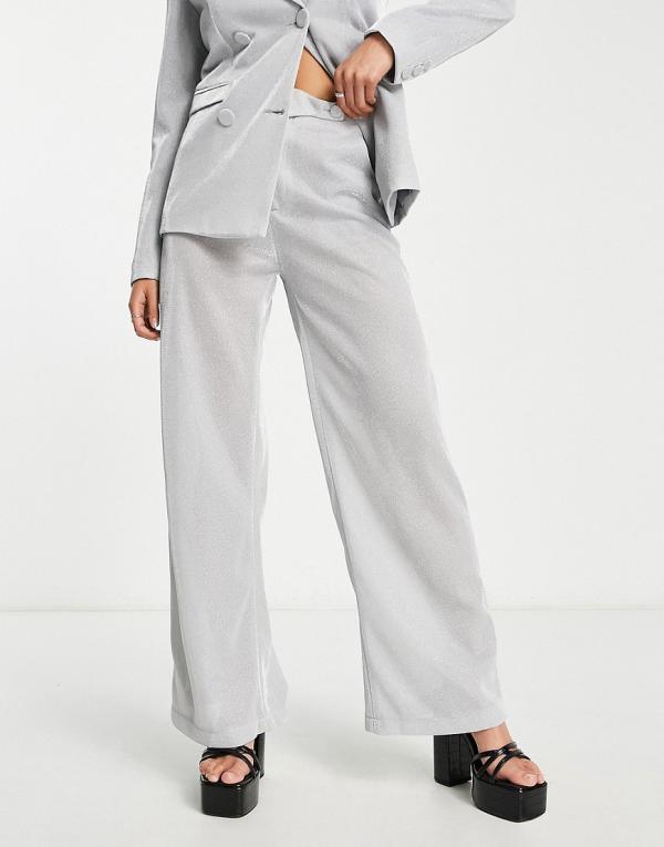 Rebellious Fashion wide leg pants in silver glitter (part of a set)