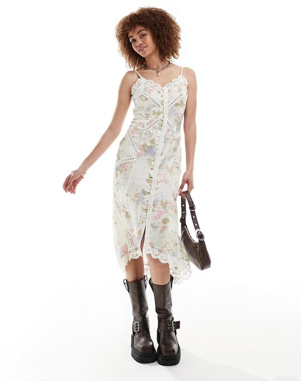 Recalimed Vintage button front slip dress with lace in floral print-Multi