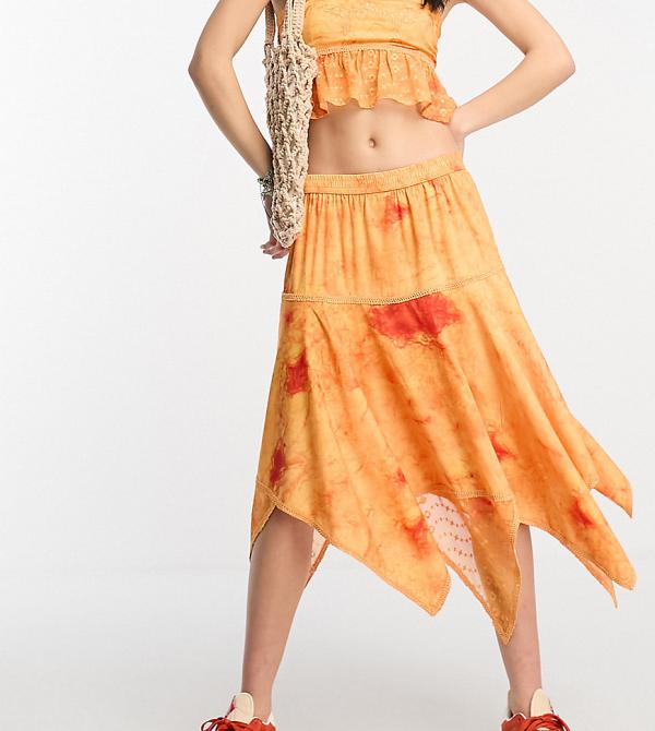 Reclaimed Vintage asymmetric midi skirt with lace and broderie detail in washed orange (part of a set)-Multi