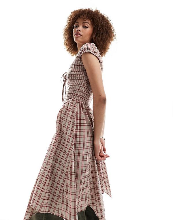 Reclaimed Vintage check mini dress with lace up front-Multi
