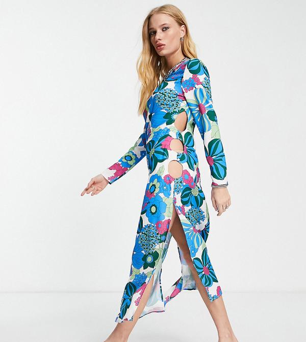 Reclaimed Vintage Inspired midi dress with cut out sides in print-Multi