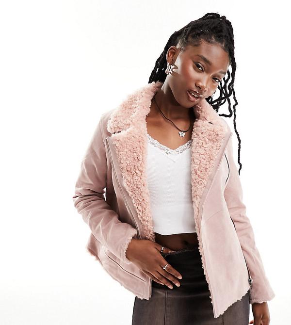 Reclaimed Vintage limited edition real suede aviator jacket with faux fur trim in pink-Neutral
