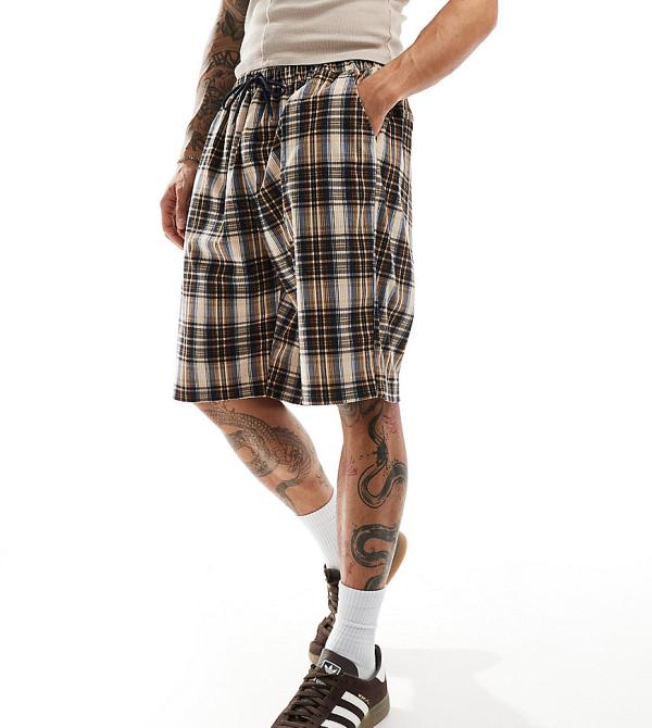 Reclaimed Vintage longline check shorts in cord-Multi