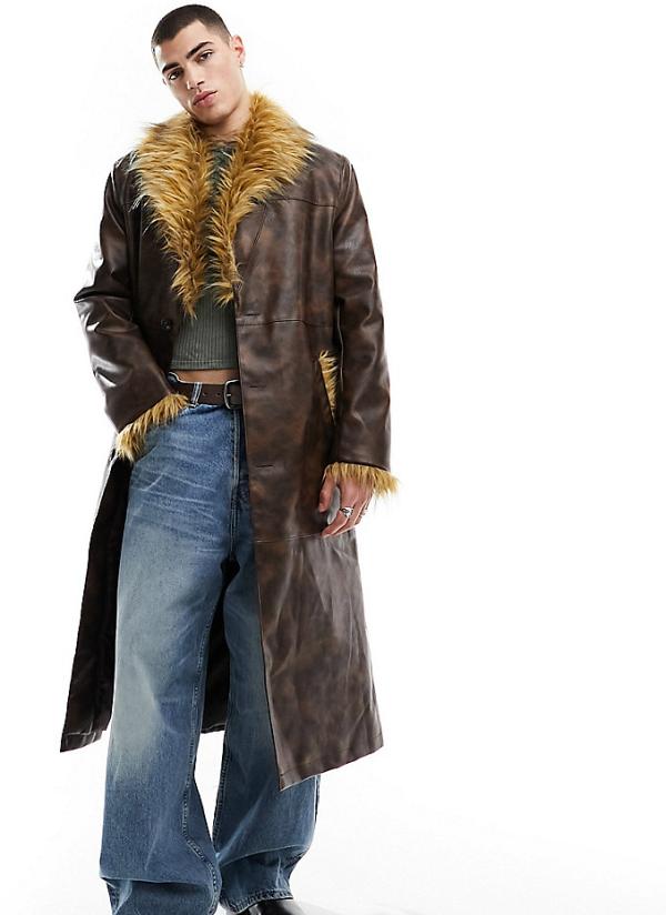 Reclaimed Vintage longline leather look trench coat with faux fur trims-Brown
