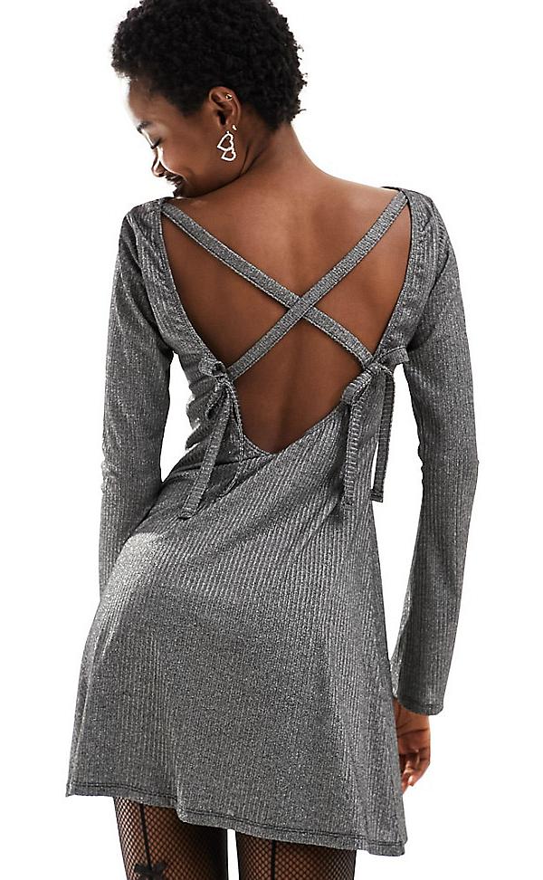 Reclaimed Vintage silver a line mini dress with bow back detail-Grey