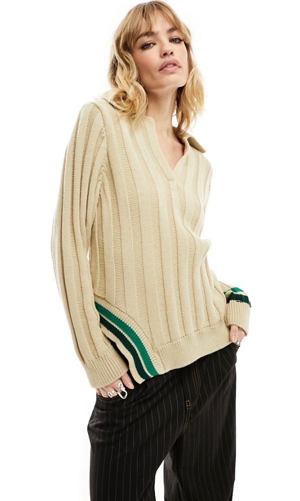 Reclaimed Vintage sporty collared knitted top with green stripe-Brown