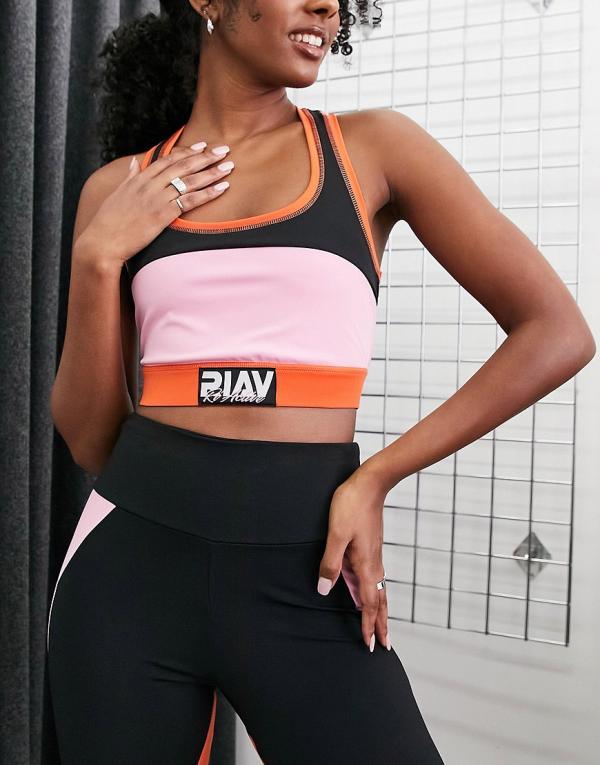 River Island Active colour block sports bra in black (part of a set)-Pink