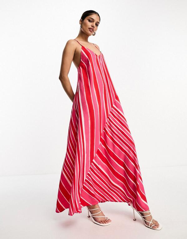 River Island asymmetric stripe strappy maxi dress in pink-Red