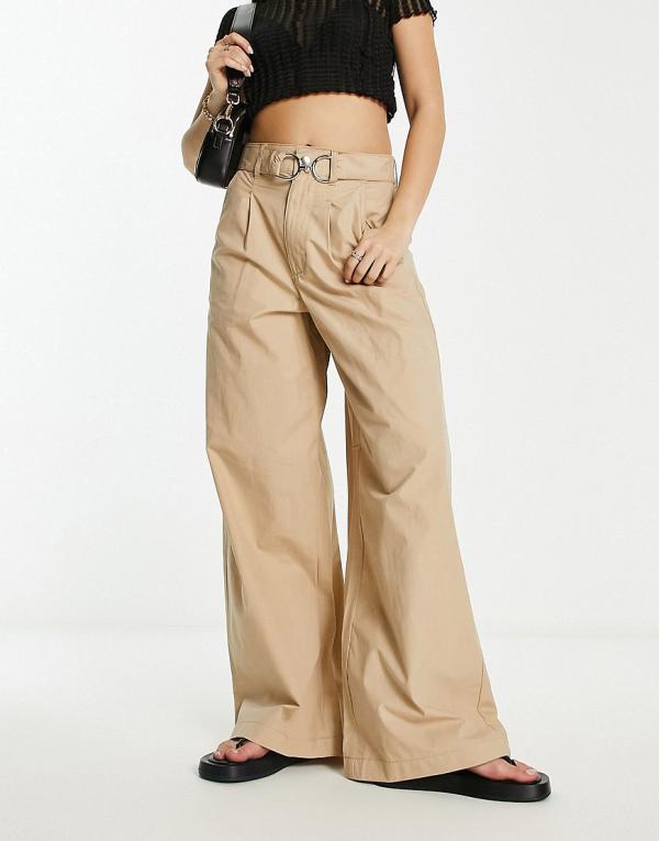 River Island belted wide leg pants with hardware detail in beige-Neutral