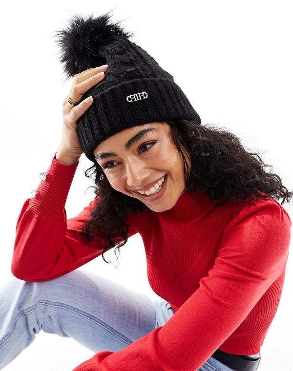 River Island cable knit pom beanie in black-White