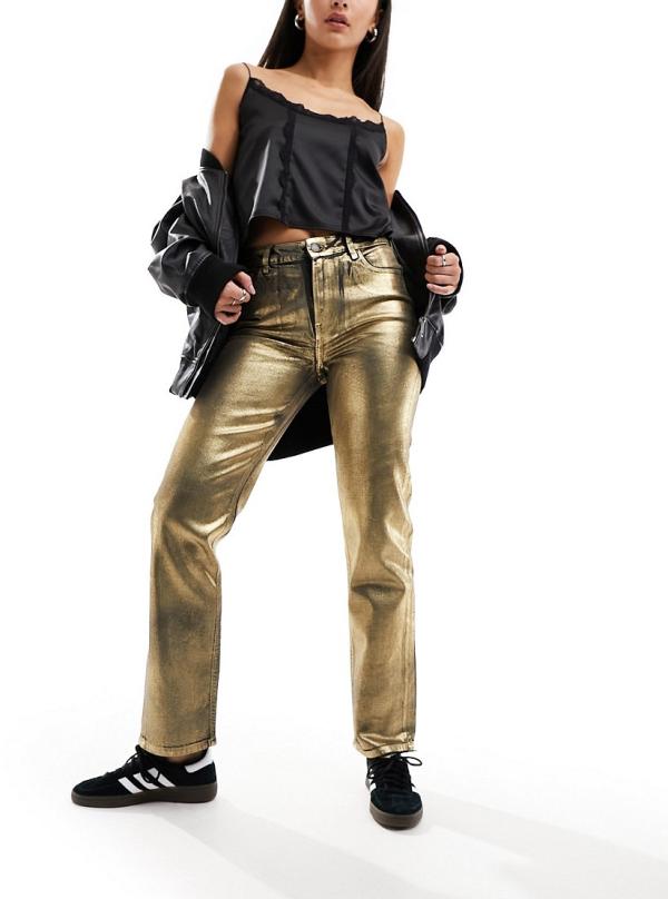 River Island coated straight jeans in gold