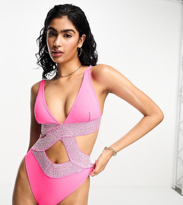 River Island elastic wrap detail plunge swimsuit in bright pink