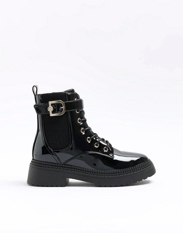 River Island lace up boots with gold buckle in black