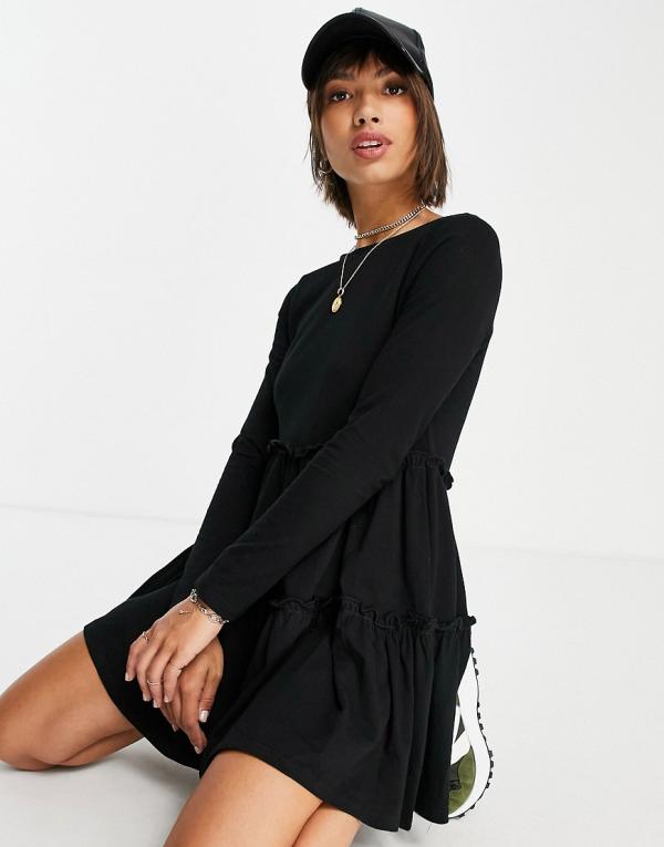 River Island long-sleeved tiered smock mini T-shirt dress in black