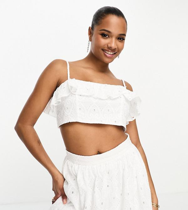 River Island Petite broderie bandeau frilly crop top in white (part of a set)