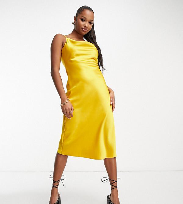 River Island Petite lace cowl neck slip dress in yellow