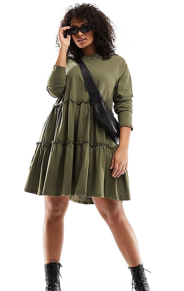 River Island Plus long sleeved tiered smock dress in khaki-Green