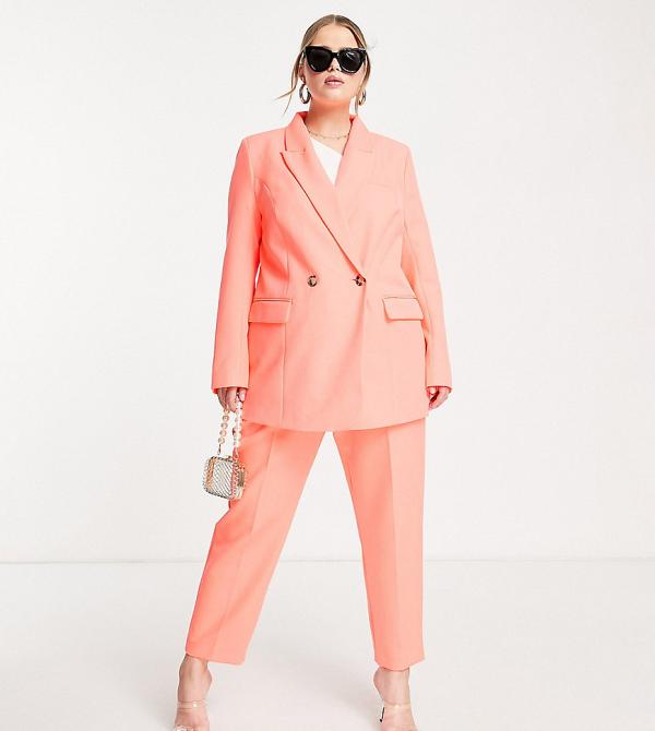 River Island Plus structured double breasted blazer in coral (part of a set)-Orange