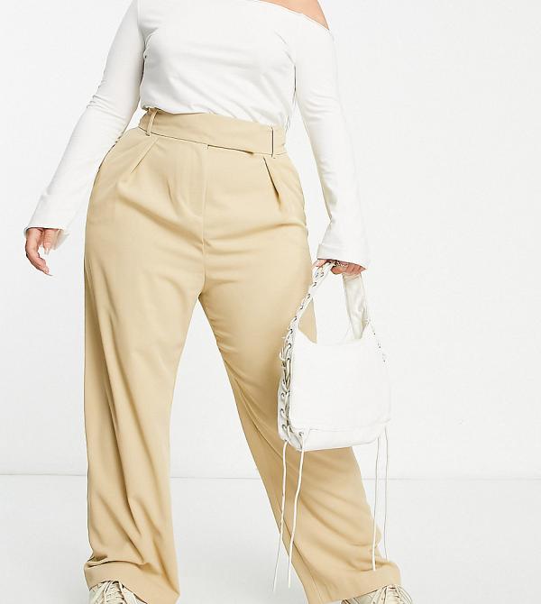 River Island Plus wide leg tailored dad pants in beige-Neutral
