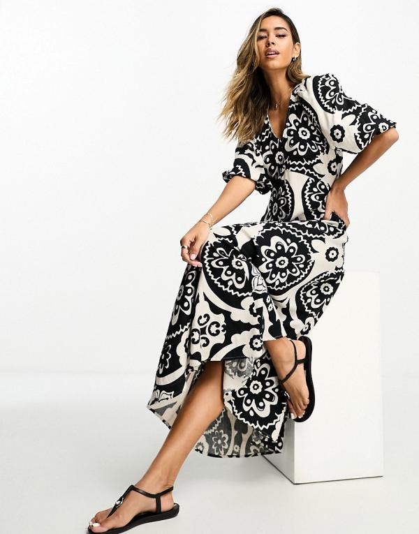 River Island puff sleeve floral smock midi dress in black and white