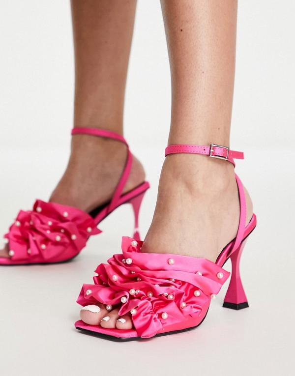 River Island ruched pearl detail flared heeled sandals in bright pink