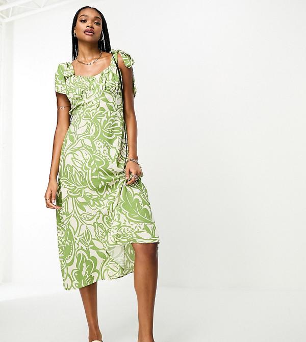 River Island Tall tie shoulder button front midi dress in green floral