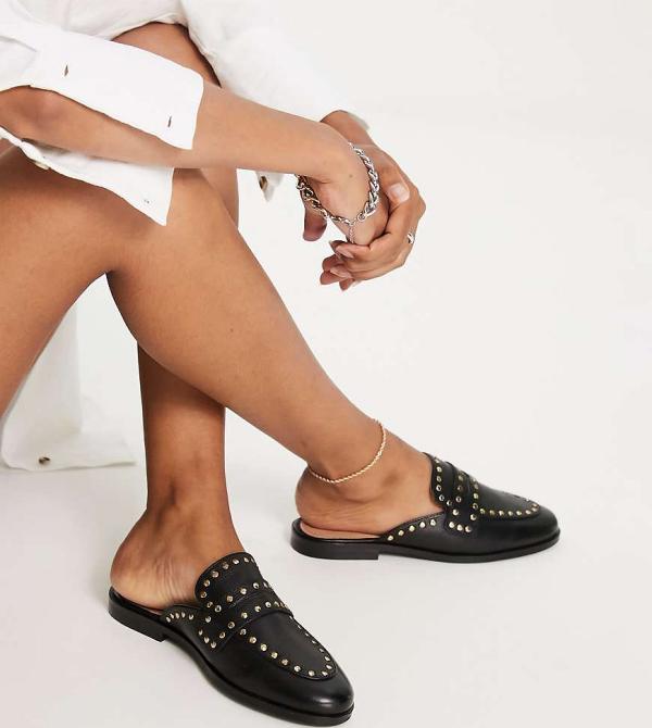 River Island Wide Fit studded backless loafers in black