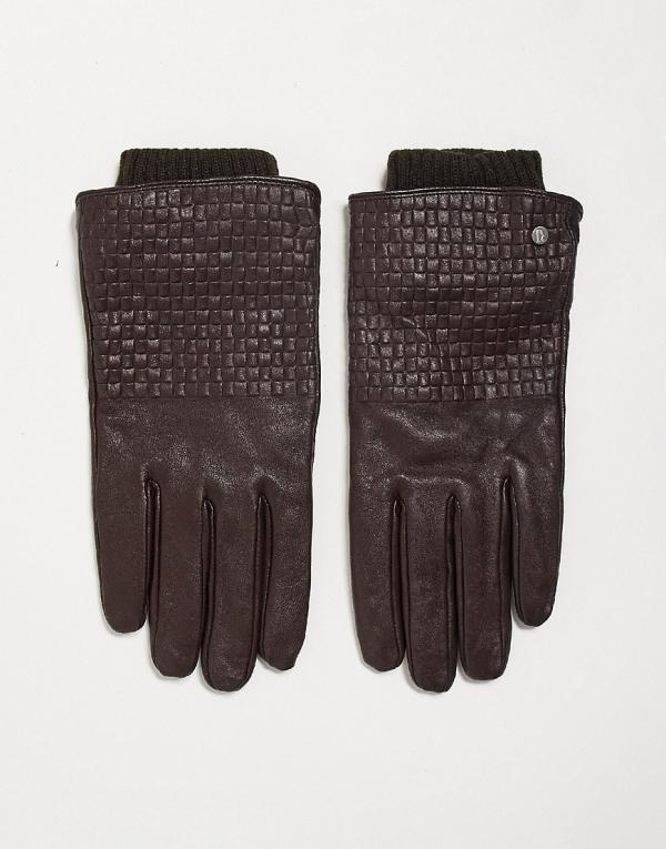River Island woven leather gloves in dark brown