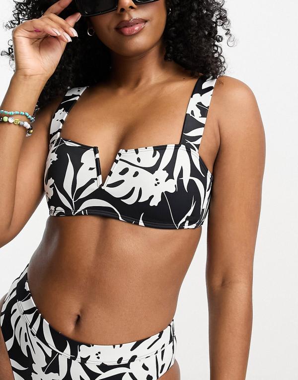 Roxy Love The Coco underwire bikini top in black & white tropical print-Multi