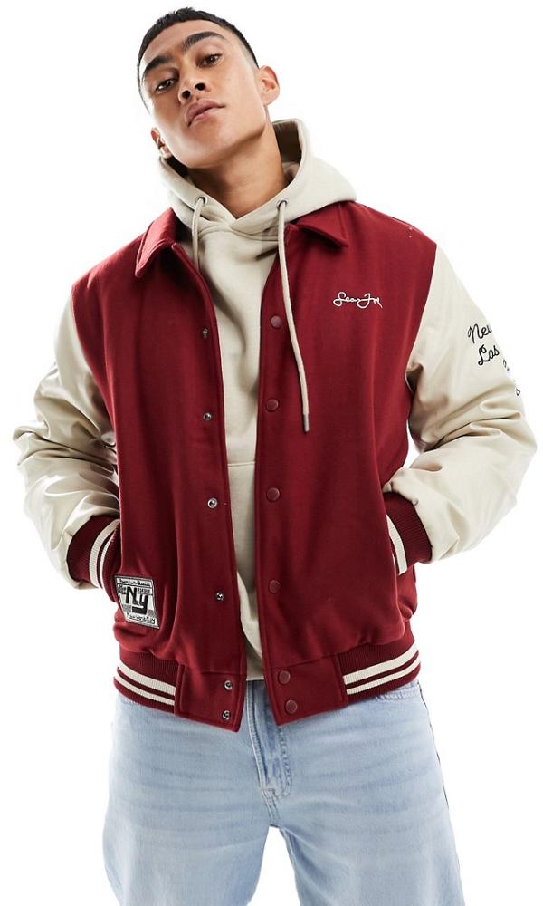 Sean John script varsity bomber jacket in red and off white with retro car embroidery