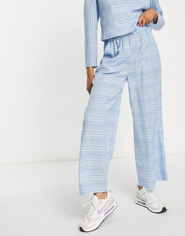 Selected Femme wide leg pants in light blue check (part of a set)
