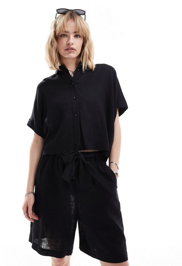 Selected Gulia cropped linen blend shirt in black (part of a set)