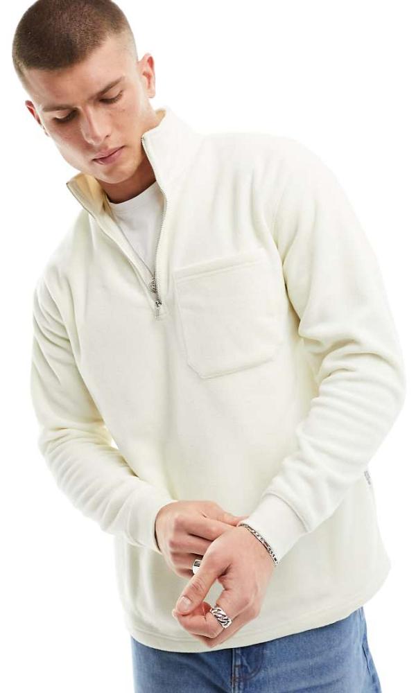 Selected Homme mini fleece half zip sweat in ecru-Neutral