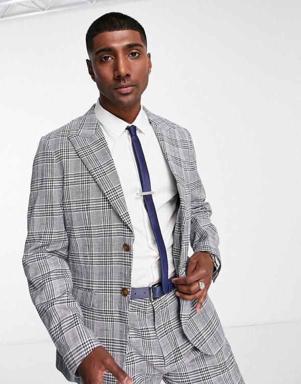 Selected Homme slim fit suit jacket in blue check linen mix