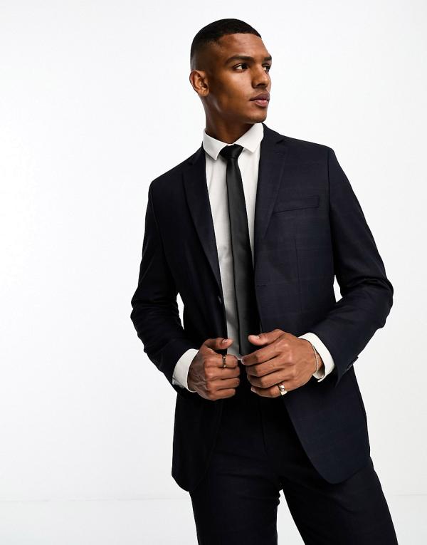 Selected Homme slim fit suit jacket in dark blue tonal check-Navy