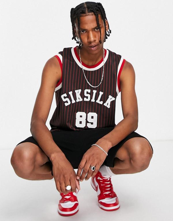 Siksilk basketball singlet in black with red pinstripe and varsity print (part of a set)