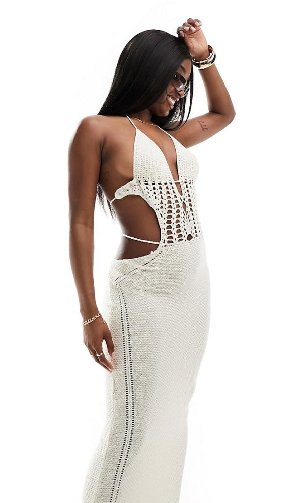 Simmi crochet cut out detail backless maxi beach dress in cream-White