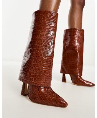 Simmi London Rayan foldover heeled knee boots in tan patent croc-Brown