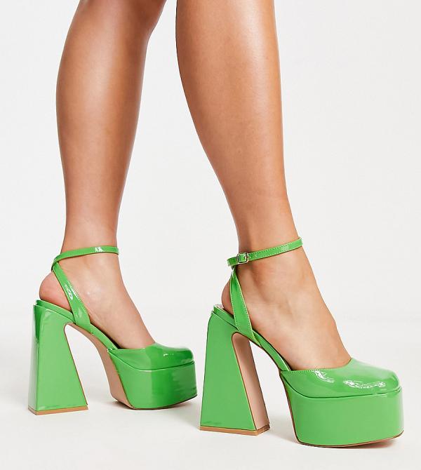 Simmi London Wide Fit Adley platform heeled shoes in green patent