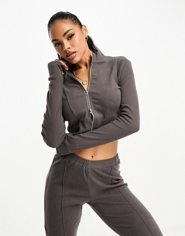 Simmi zip detail cropped top in charcoal (part of a set)-Grey